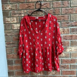 XL Red Floral Blouse /baby doll, Vneck, 3/4 Length
